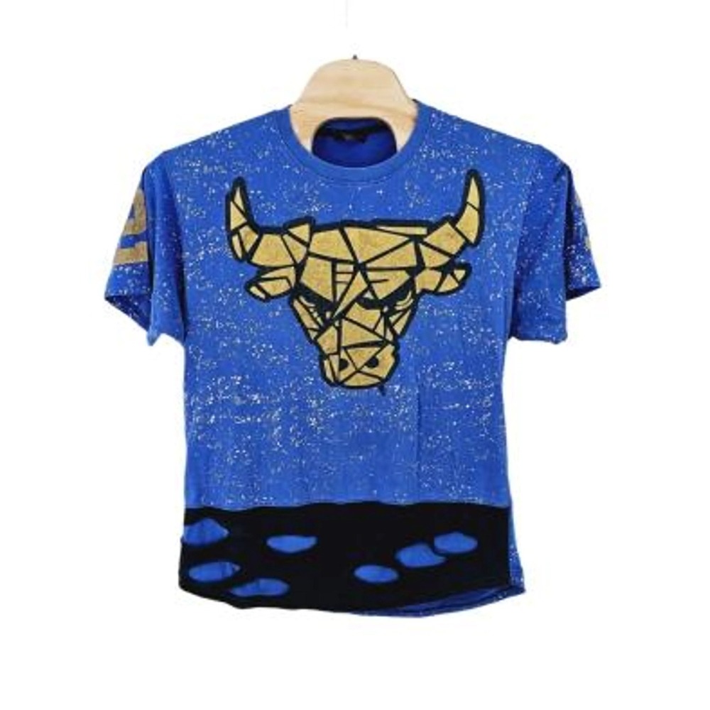 Graphic Tee Bull Print Blue T-Shirt Men's Short Sleeve Geometric Style